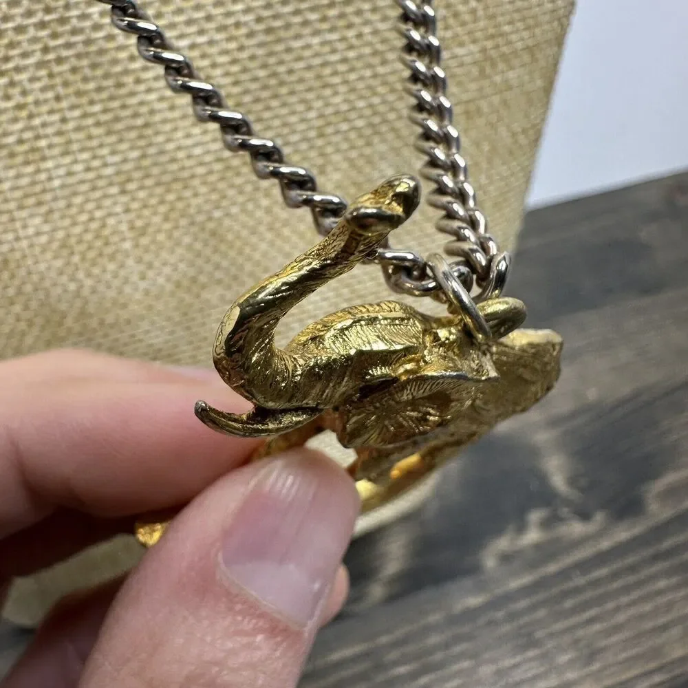 Vintage Elephant on Tusk Necklace Gold Tone Large Pendant Safari Estate‎ Find